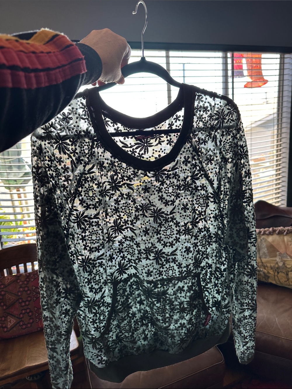 Hard Tail Olive green lace sheer pullover top w big front pocket. Unique & sweet